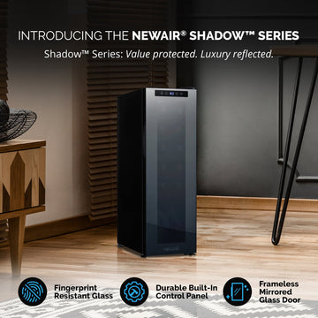 Newair® Shadowᵀᴹ Series Wine Cooler Refrigerator 12 Bottle, Freestanding Mirrored Wine Fridge with Double-Layer Tempered Glass Door & Compressor Cooling for Reds, Whites, and Sparkling Wine, 41f-64f Digital Temperature Control