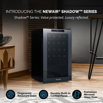 Newair® Shadowᵀᴹ Series Wine Cooler Refrigerator 24 Bottle, Freestanding Mirrored Wine Fridge with Double-Layer Tempered Glass Door & Compressor Cooling for Reds, Whites, and Sparkling Wine, 41f-64f Digital Temperature Control