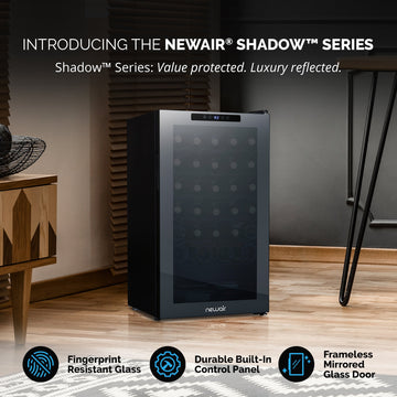 Newair® Shadowᵀᴹ Series Wine Cooler Refrigerator 34 Bottle, Freestanding Mirrored Wine Fridge with Double-Layer Tempered Glass Door & Compressor Cooling for Reds, Whites, and Sparkling Wine, 41f-64f Digital Temperature Control
