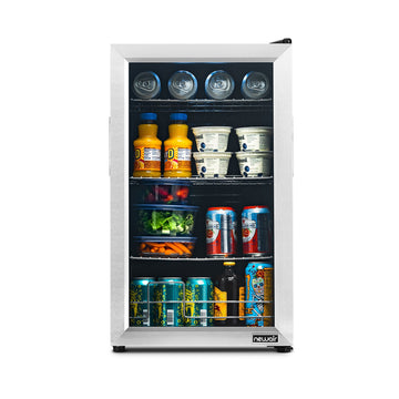 Newair 100 Can Beverage Fridge with Glass Door, Small Freestanding Mini Fridge in Stainless Steel