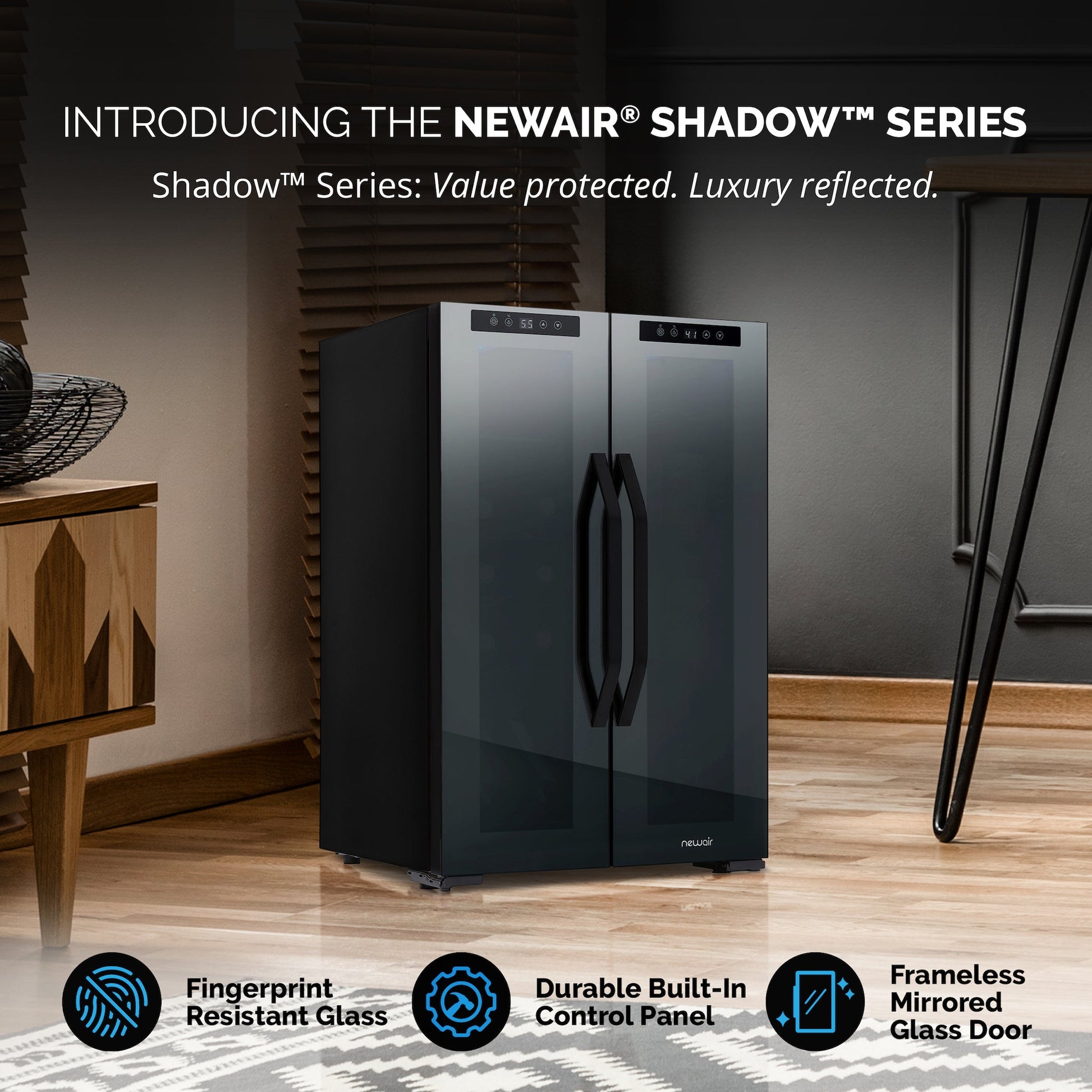 Newair® Shadow?? Series Wine Cooler and Beverage Refrigerator 12 Bottles & 39 Cans Dual Temperature Zones, Freestanding Mirrored Wine Fridge with Double-Layer Tempered Glass Door & Compressor Cooling For Reds, Whites, Sparkling Wine, Beers, and Sodas