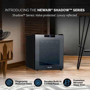 Newair® Shadow?? Series Wine Cooler Refrigerator 16 Bottle, Freestanding Mirrored Wine Fridge with Double-Layer Tempered Glass Door & Compressor Cooling For Reds, Whites, and Sparkling Wine, 37f-65f Digital Temperature Control