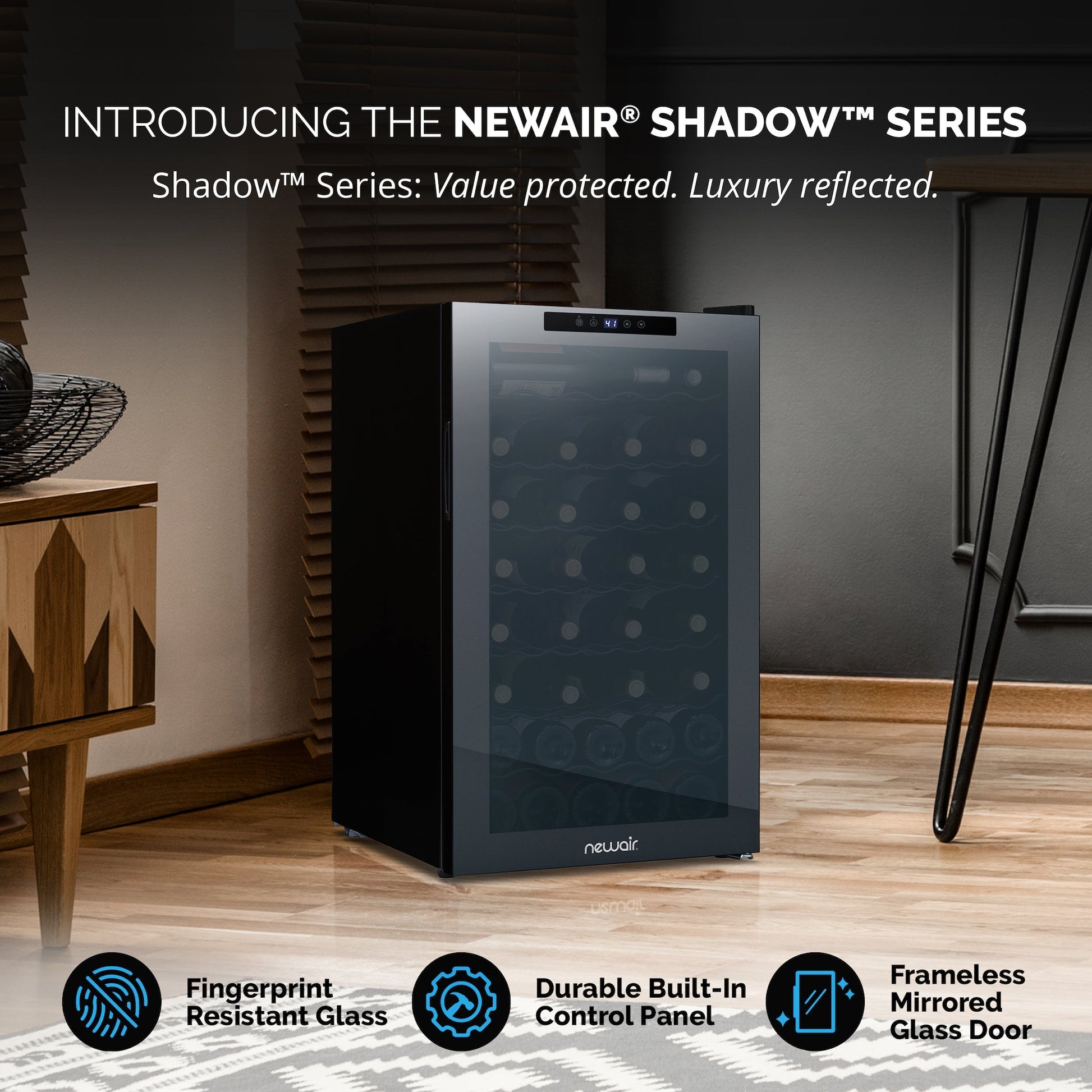 Newair® Shadow?? Series Wine Cooler Refrigerator 51 Bottle, Freestanding Mirrored Wine Fridge with Double-Layer Tempered Glass Door & Compressor Cooling for Reds, Whites, and Sparkling Wine, 41f-64f Digital Temperature Control