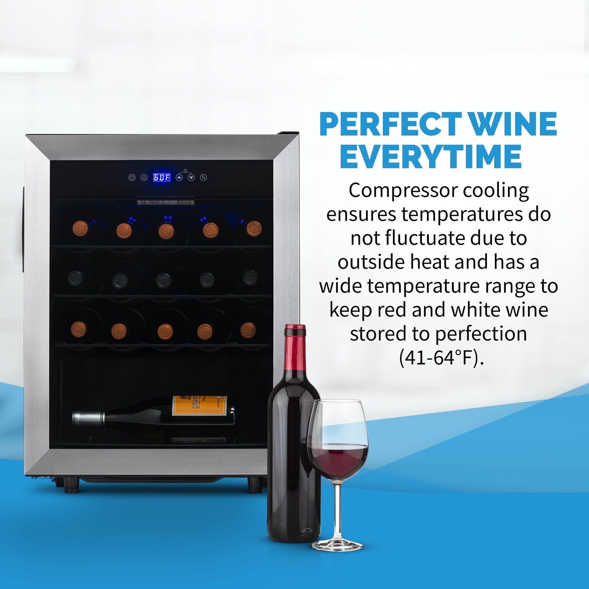 Newair Freestanding 23 Bottle Compressor Wine Fridge in Stainless Steel, Adjustable Racks and Exterior Digital Thermostat?