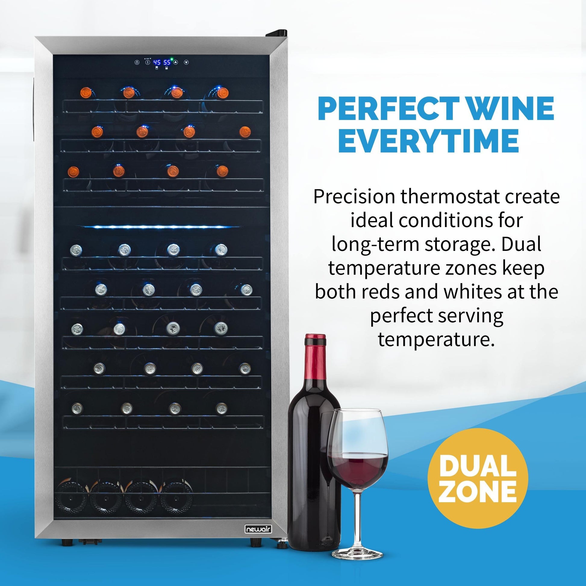 Newair Freestanding 98 Bottle Dual Zone Wine Fridge with Low-Vibration Ultra-Quiet Inverter Compressor and Adjustable Racks