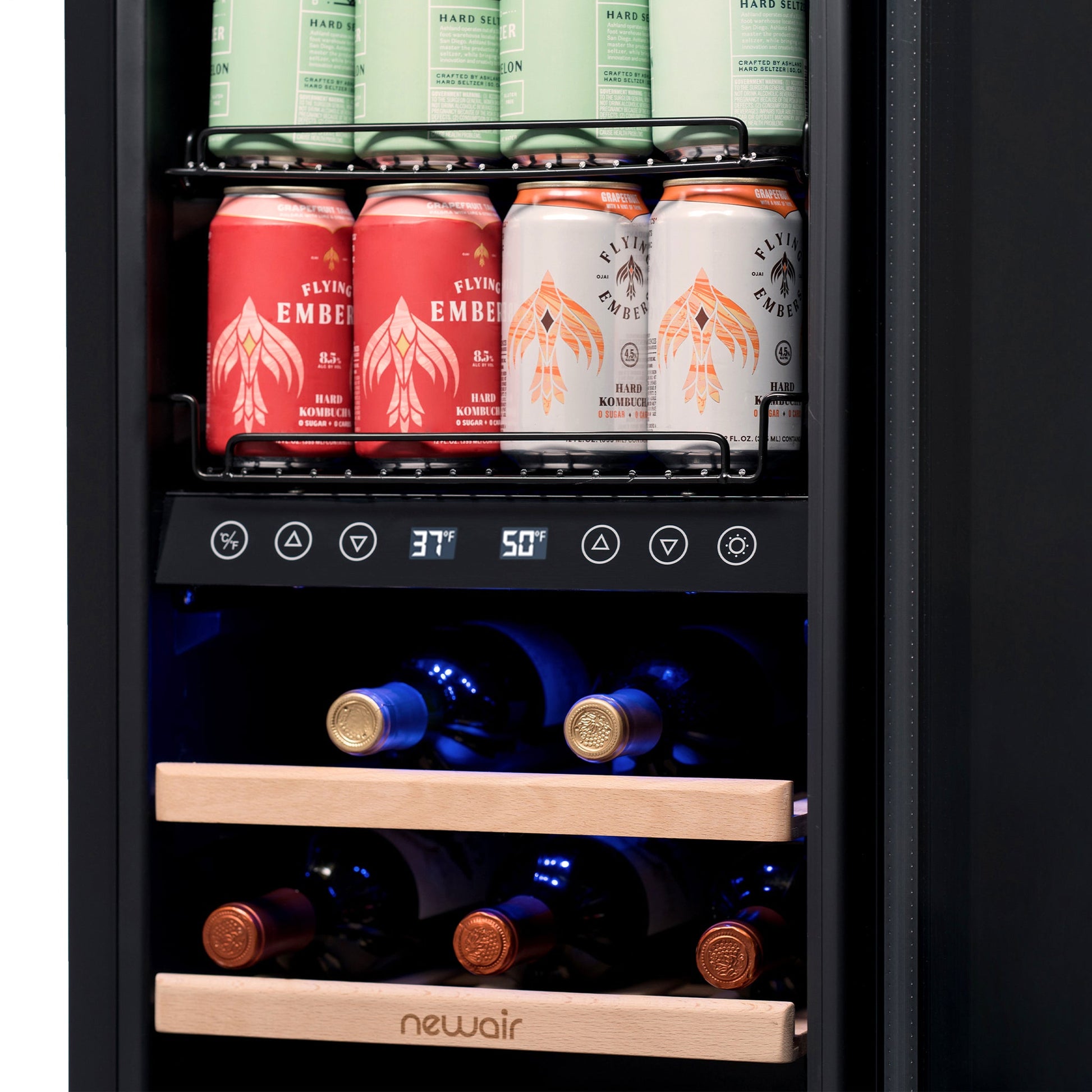 Newair 15 Inch Wine and Beverage Refrigerator – 13 Bottles & 48 Cans Capacity with Dual Temperature Zone Wine Cooler, Black Stainless Steel & Double-Layer Tempered Glass Door, Compact Wine Cellar Built-in Counter or Freestanding Fridge