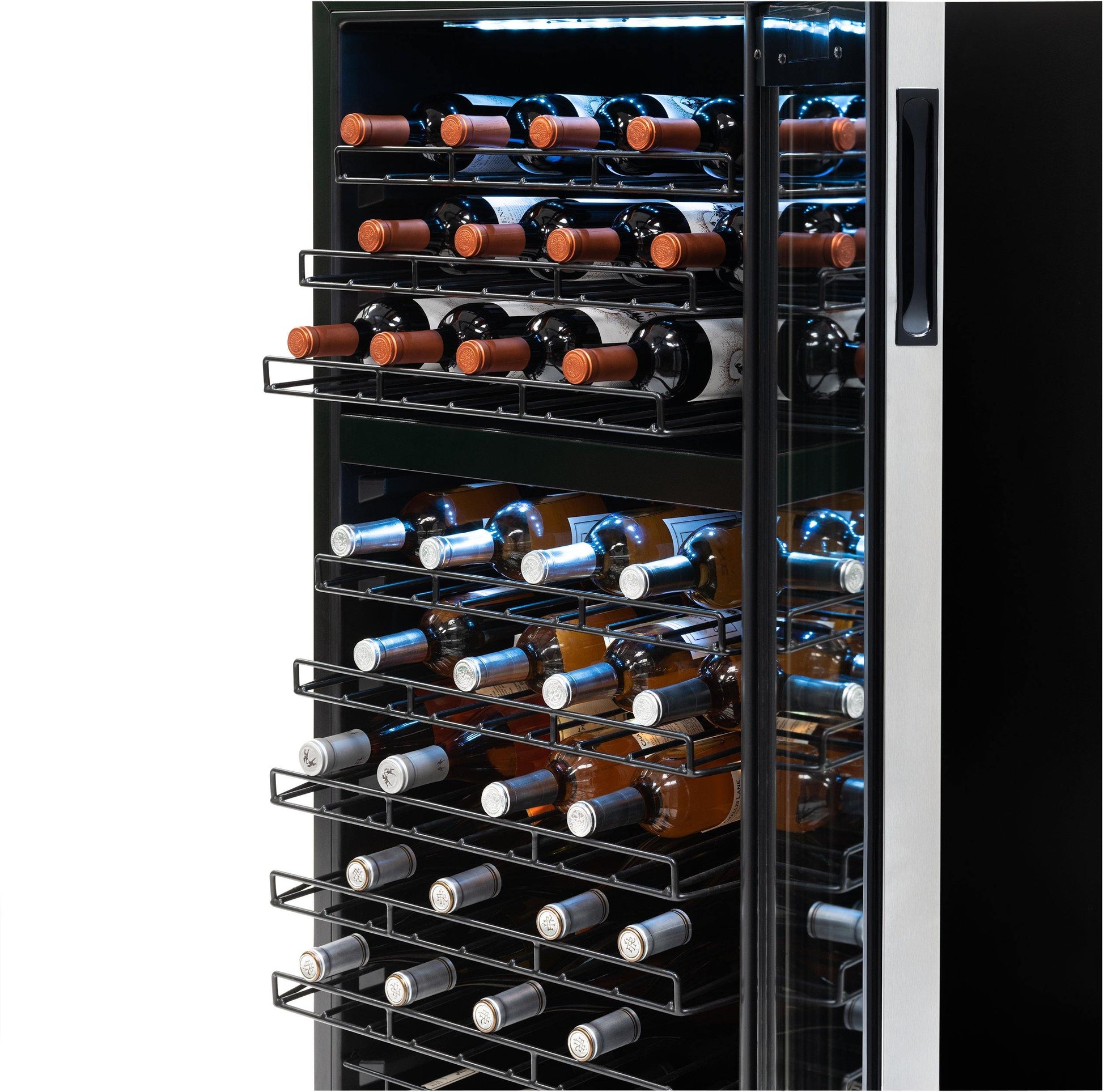 Newair Freestanding 76 Bottle Dual Zone Wine Fridge with Low-Vibration Ultra-Quiet Inverter Compressor and Adjustable Racks