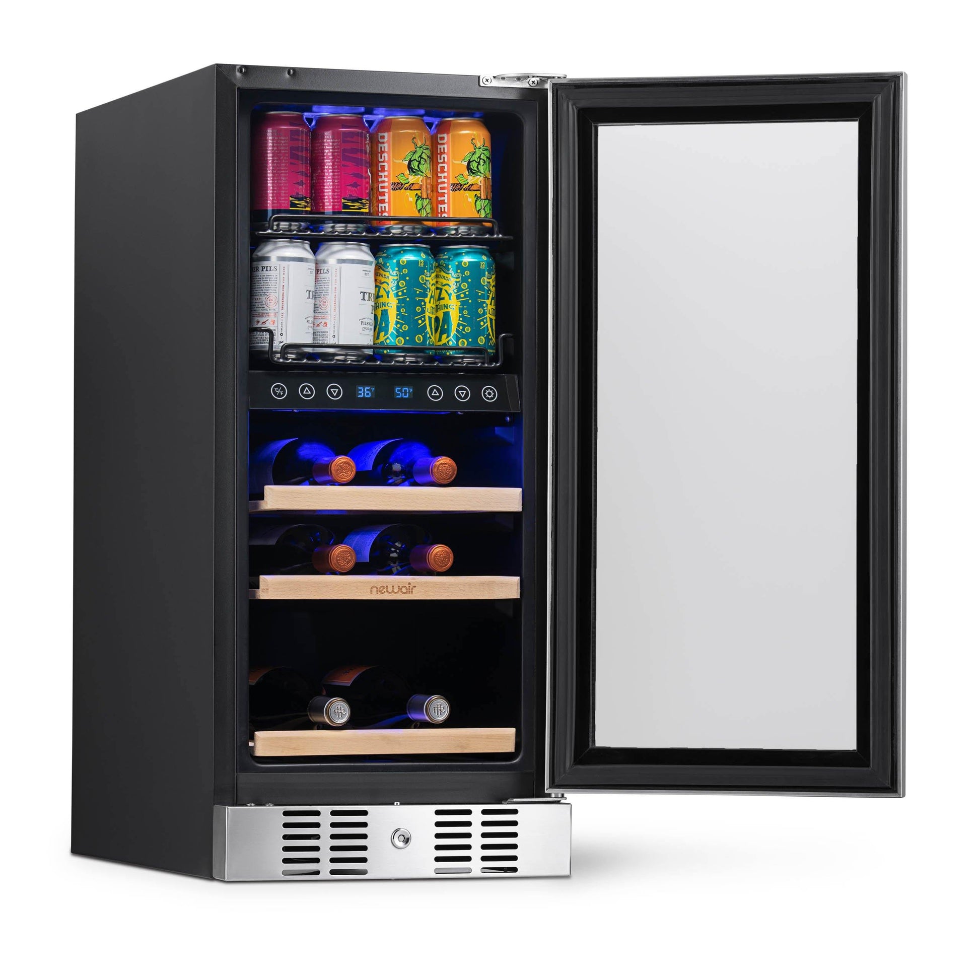 Newair 15” Premium Built-in Dual Zone 9 Bottle and 48 Can Wine and Beverage Fridge in Stainless Steel with SplitShelf™