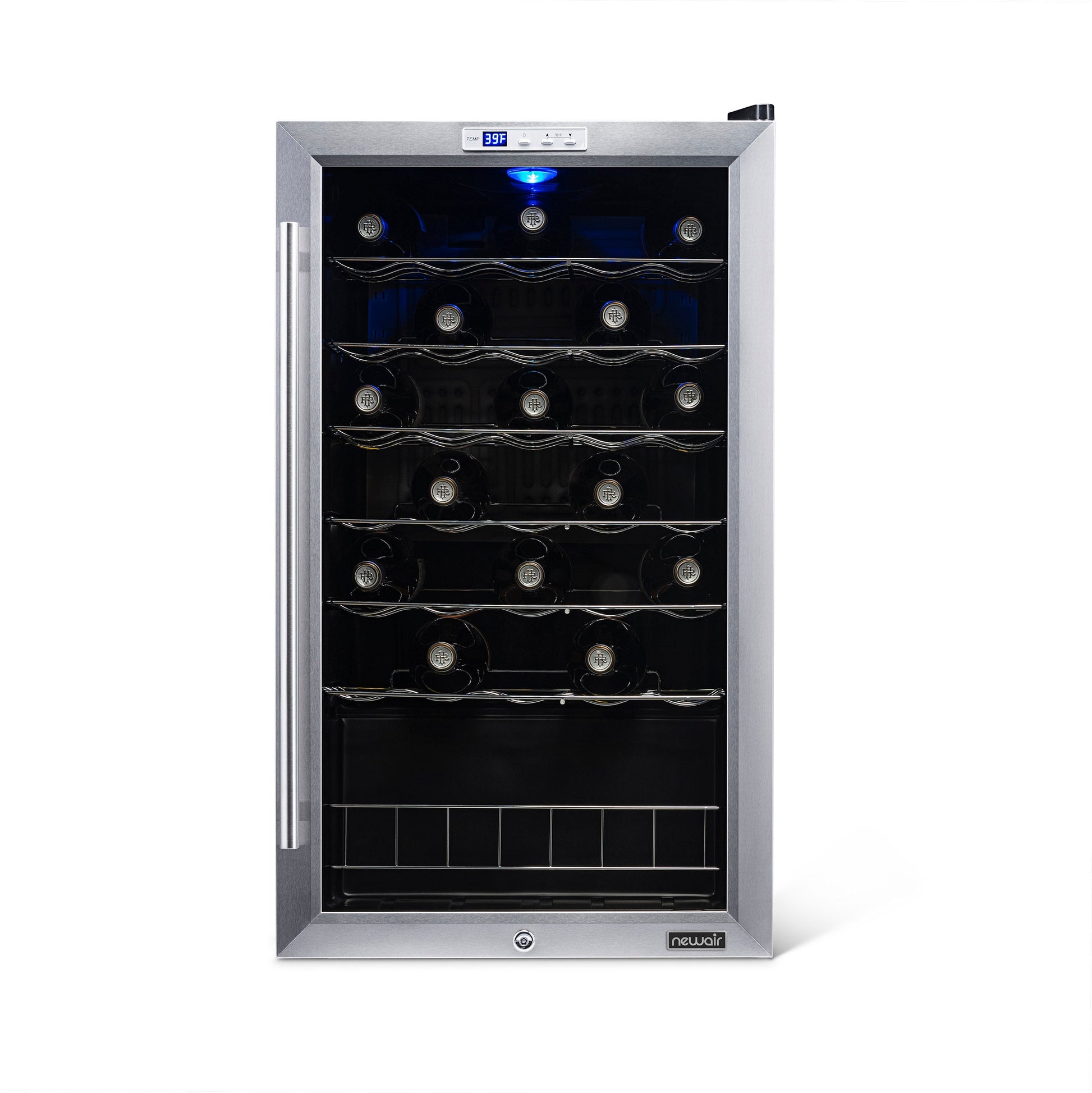 Newair Freestanding 33 Bottle Compressor Wine Fridge in Stainless Steel, Adjustable Chrome Racks