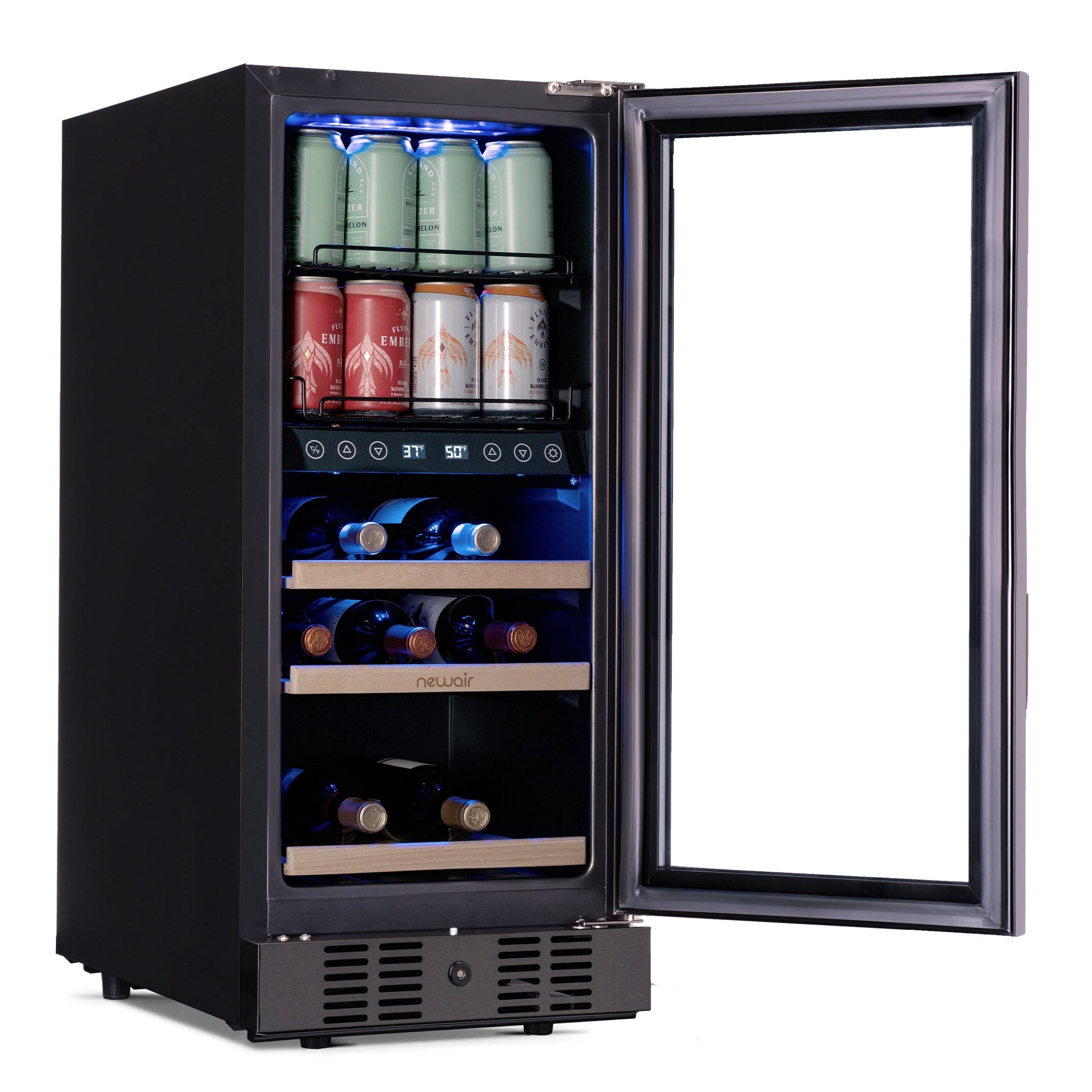 Newair 15 Inch Wine and Beverage Refrigerator – 13 Bottles & 48 Cans Capacity with Dual Temperature Zone Wine Cooler, Black Stainless Steel & Double-Layer Tempered Glass Door, Compact Wine Cellar Built-in Counter or Freestanding Fridge