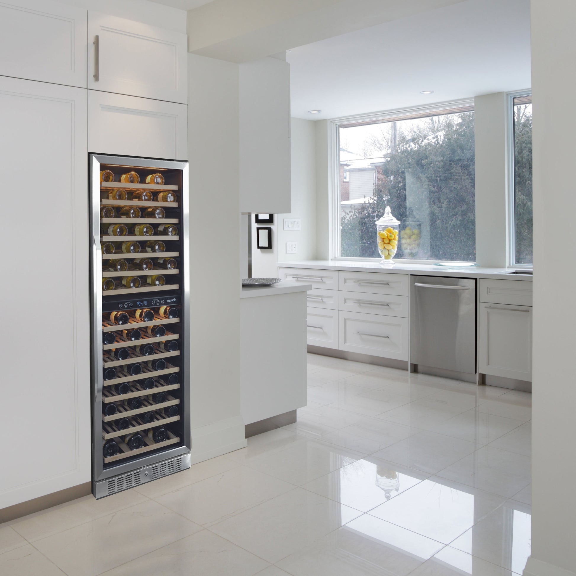 Newair 24” Built-in 160 Bottle Dual Zone Compressor Wine Fridge in Stainless Steel, Quiet Operation with Smooth Rolling Shelves