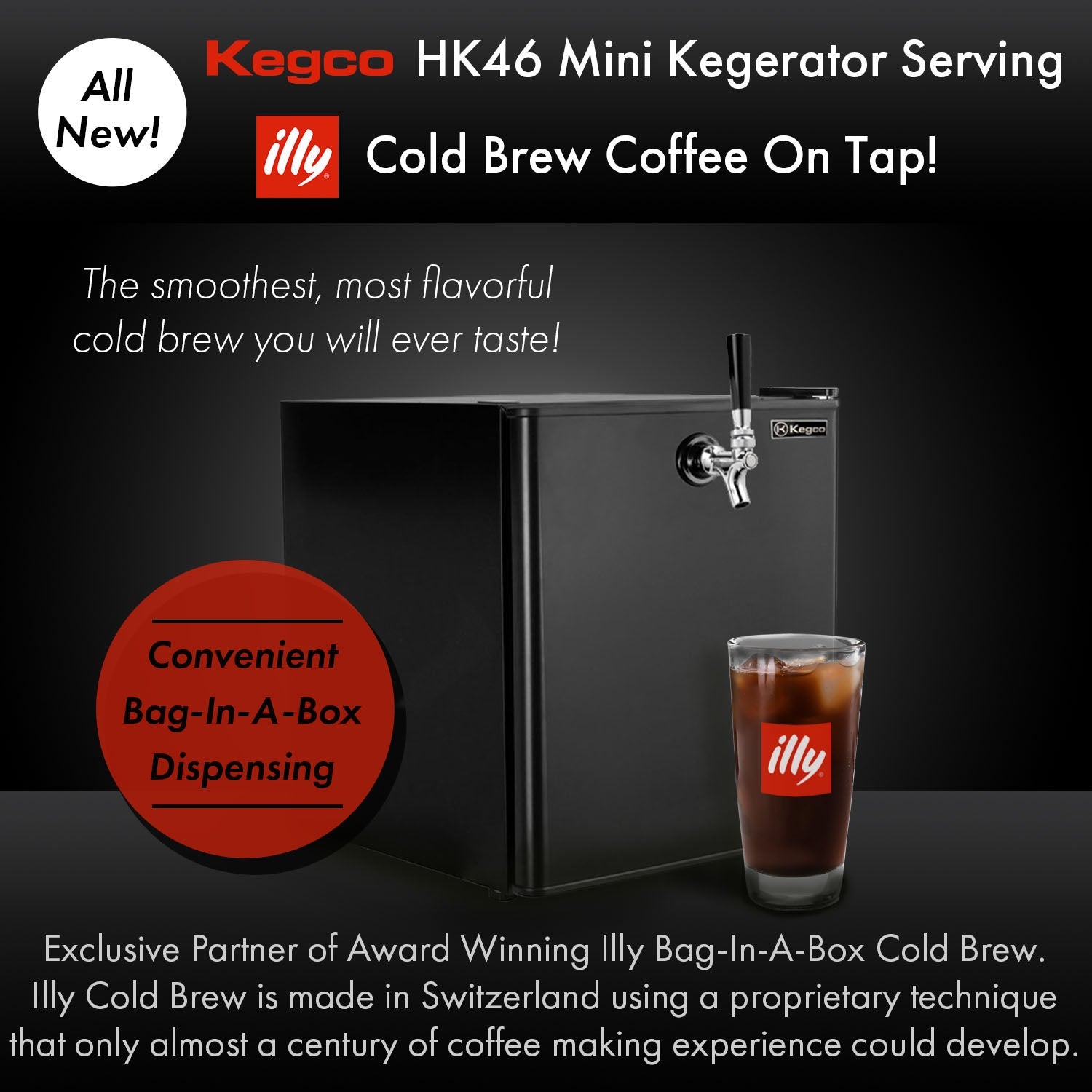 17" Wide Illy-bag-in-a-box Cold Brew Coffee Single Tap Black Mini Kegerator