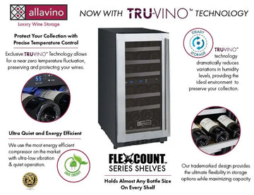 Allavino 15" Wide FlexCount II Tru-Vino 30 Bottle Dual Zone Stainless Steel Left Hinge Wine Refrigerator